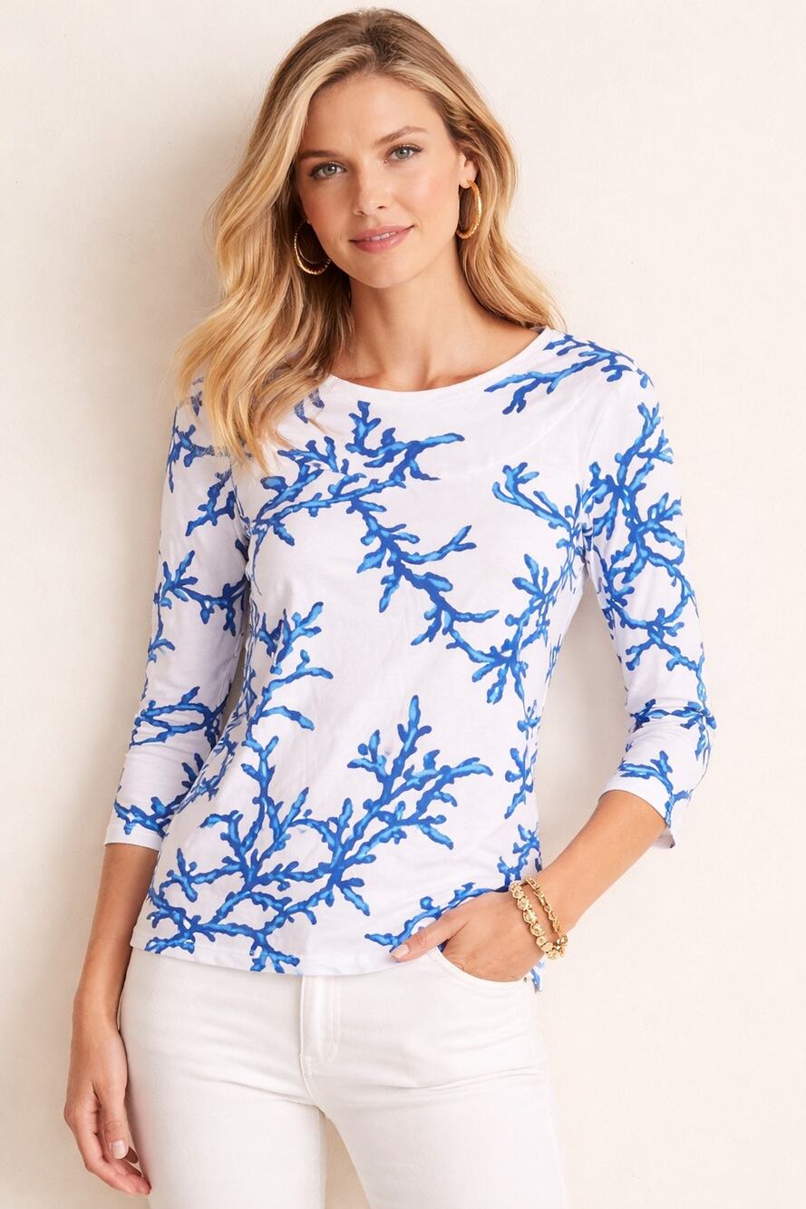 J. McLaughlin Blue Coral Print Boatneck Top | Size M | Coastal Chic